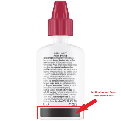 Afrin Nasal Spray Recall lot number and expiration date location image helping consumers identify affected Afrin bottles
