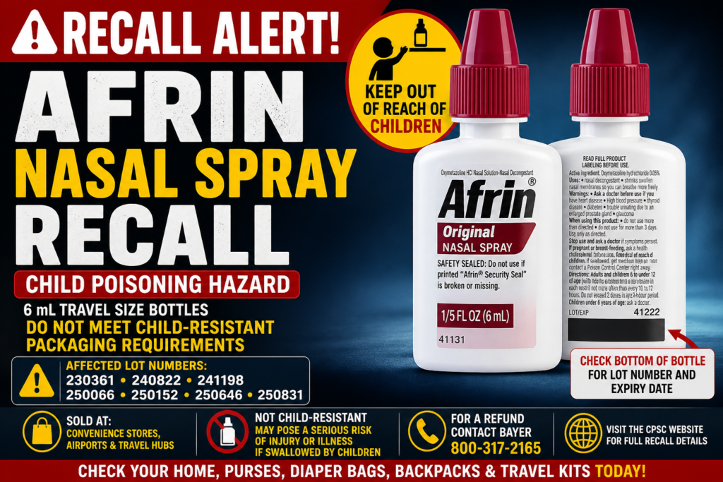 Afrin Nasal Spray Recall 2026 warning graphic showing recalled 6 mL Afrin Original Nasal Spray bottles due to child poisoning hazard