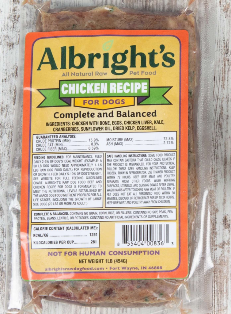 Package image of recalled Albright’s Raw Pet Food Chicken Recipe for Dogs Complete and Balanced 1 lb product included in FDA Dog Food Recall