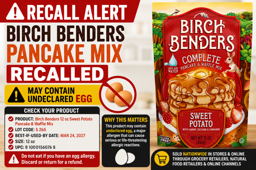 Birch Benders Pancake Mix Recall warning image for undeclared egg allergy risk