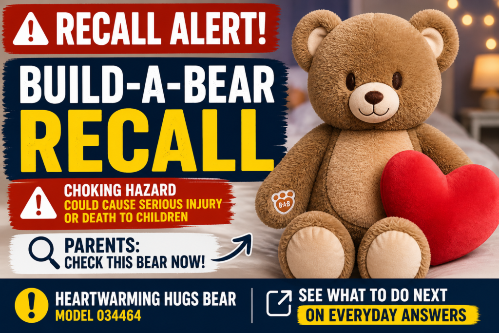 Build-A-Bear Recall 2026 warning graphic showing recalled Heartwarming Hugs Bear plush toy due to choking hazard from detachable zipper slider