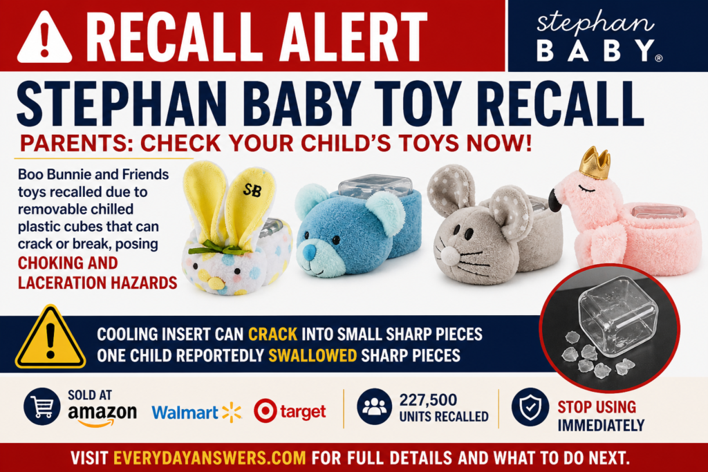 Stephan Baby Toy Recall 2026 warning graphic showing recalled Boo Bunnie and Friends children’s toys due to choking and laceration hazards from cracked cooling inserts