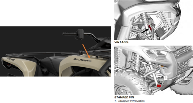 Can-Am ATV recall image showing VIN label and stamped VIN locations on recalled Can-Am Outlander Pro ATV