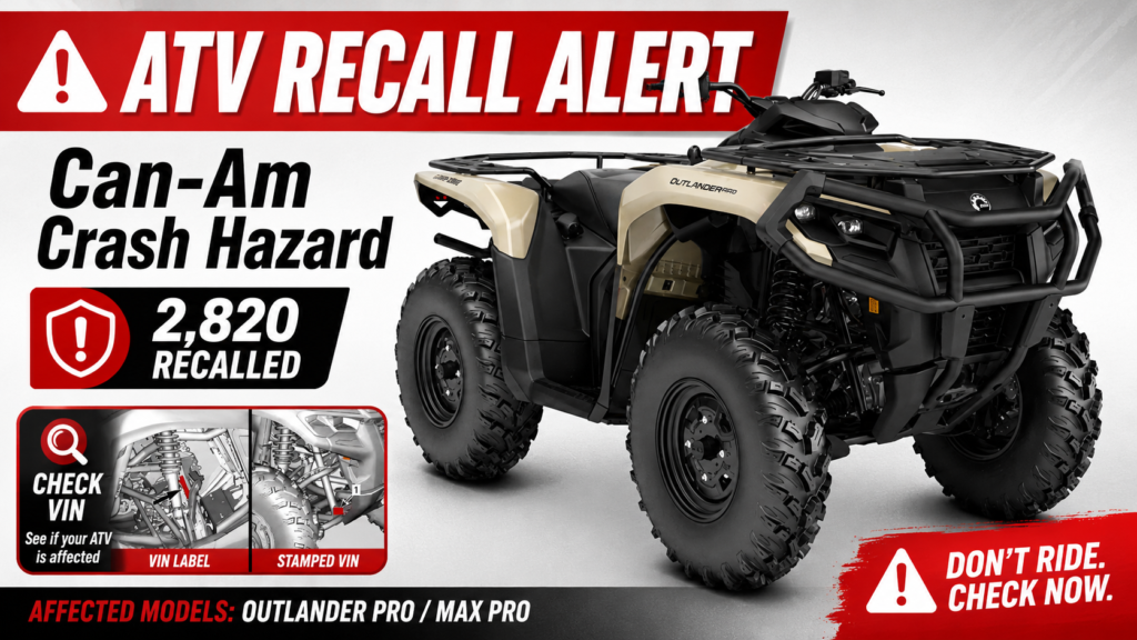 Can-Am ATV recall warning image showing recalled Can-Am Outlander Pro ATV and dangerous crash hazard alert