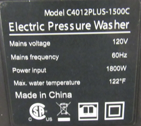 DGIVOVO US electric pressure washer model label image showing recalled model C4012PLUS-1500C involved in pressure washer recall