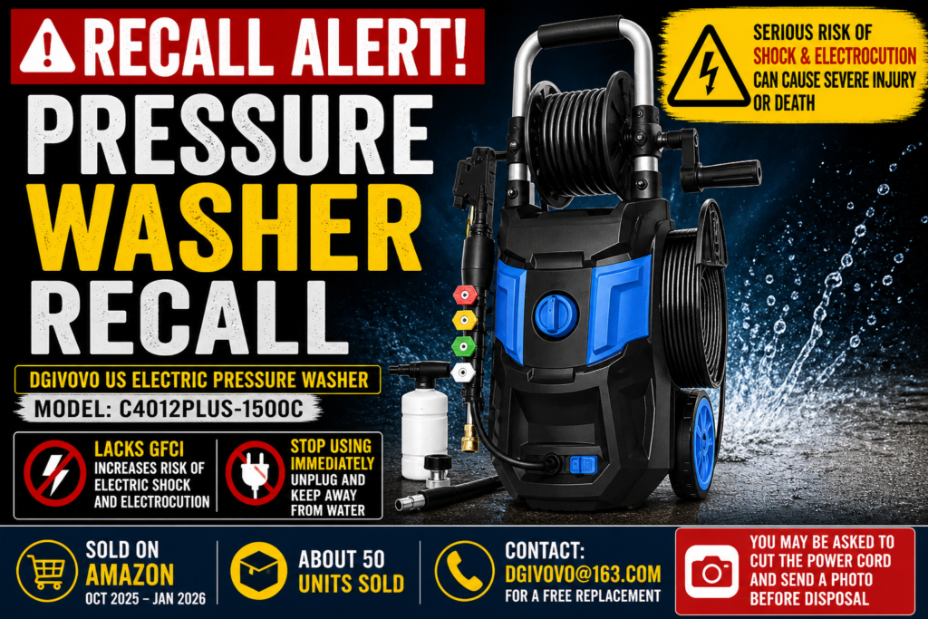 Pressure Washer Recall 2026 warning graphic showing recalled DGIVOVO US electric pressure washer due to serious shock and electrocution hazard