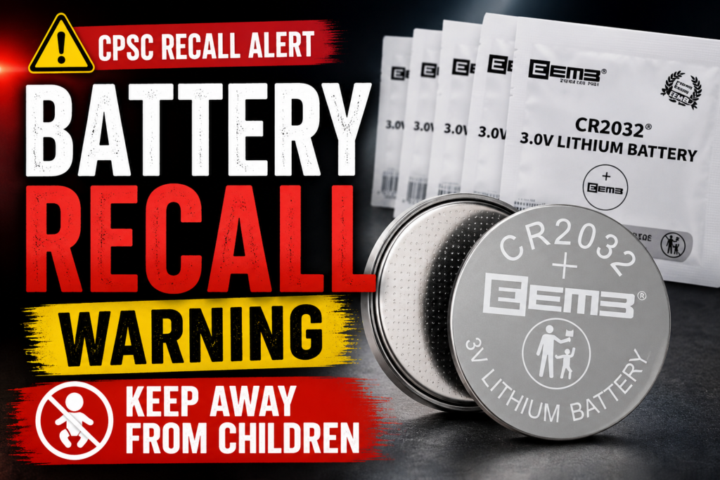 EEMB Battery Recall warning showing recalled lithium coin batteries posing child ingestion hazard