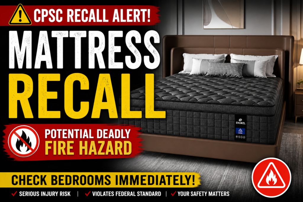 EVLWZL Mattress Recall warning image showing recalled mattress posing dangerous household fire hazard