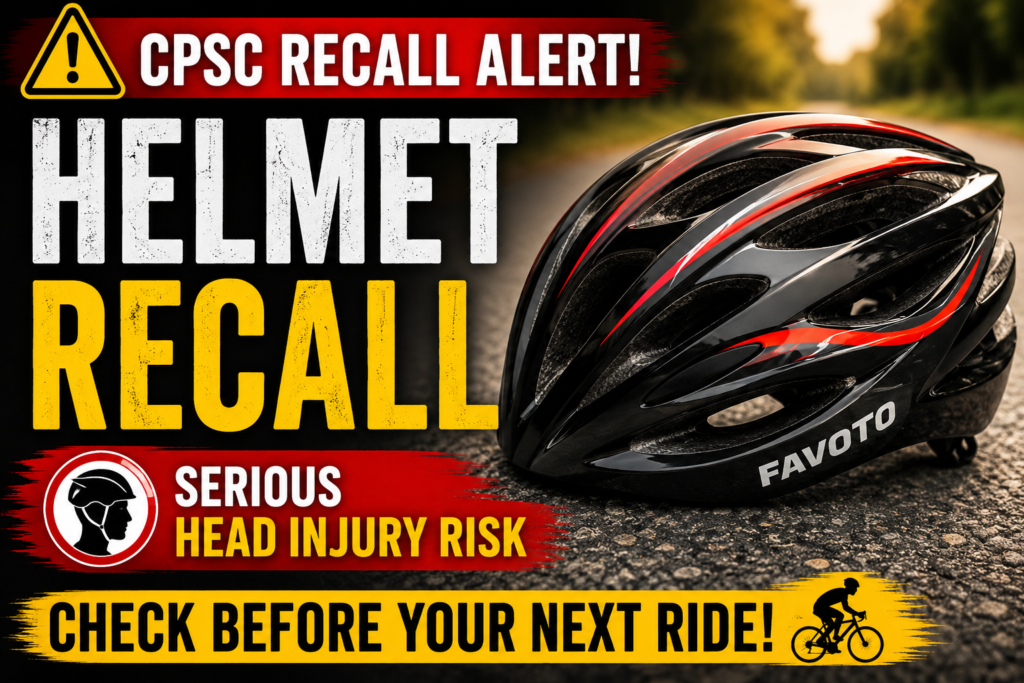 Favoto Bicycle Helmet Recall warning image showing black bicycle helmet recalled for serious head injury risk