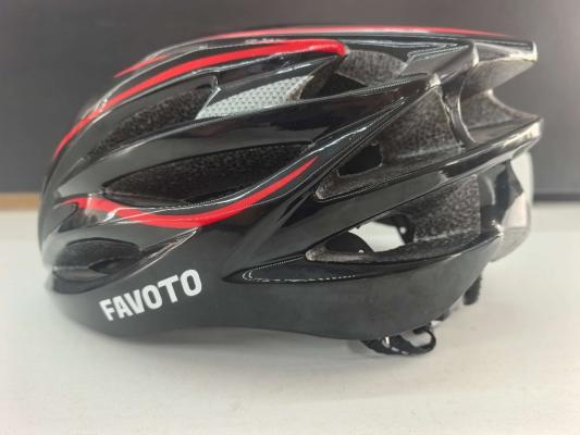 Close-up side view of recalled Favoto bicycle helmet showing brand logo