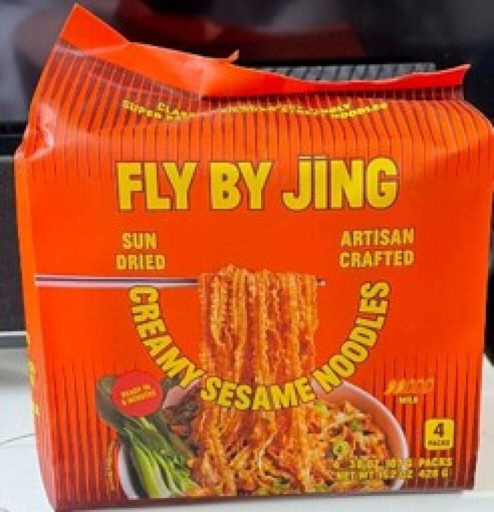Fly By Jing noodles recall image showing Creamy Sesame Noodles package affected by possible peanut cross-contact