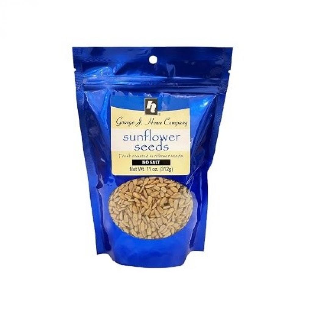Blue pouch package of George J. Howe Company no salt sunflower seeds recalled because of undeclared cashews allergy risk.