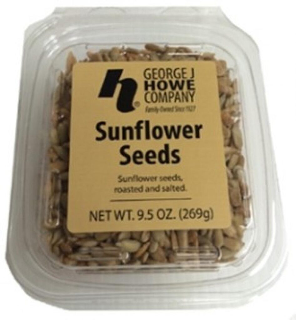 George J. Howe Company roasted and salted sunflower seeds in clear plastic container recalled due to undeclared cashews and tree nut allergy risk.