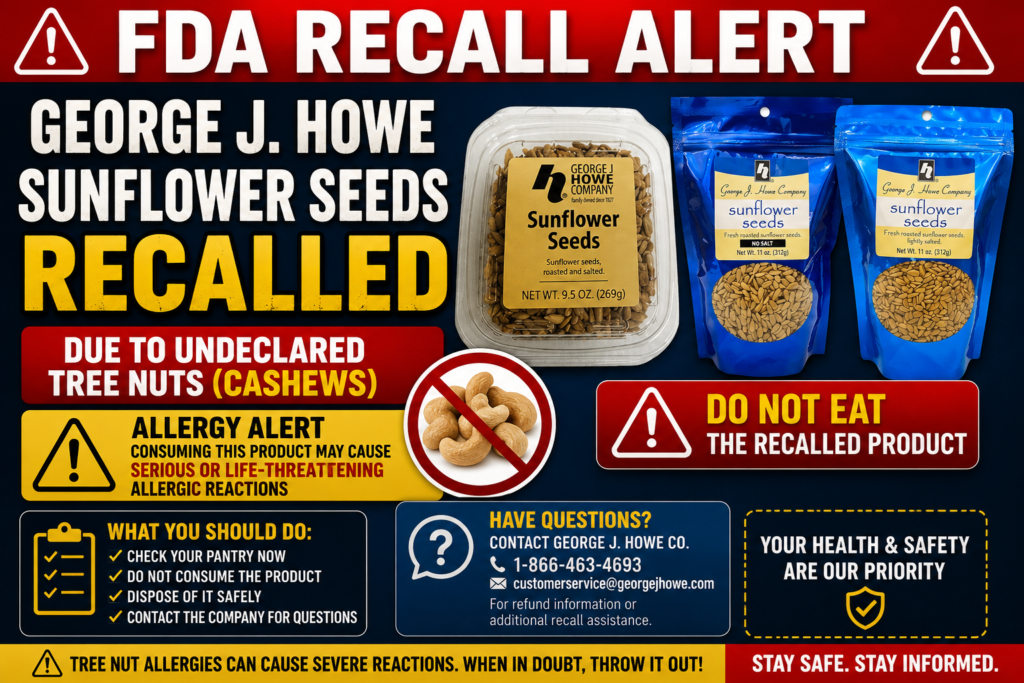 FDA recall alert graphic for George J. Howe sunflower seeds recalled due to undeclared cashews and serious tree nut allergy risk.