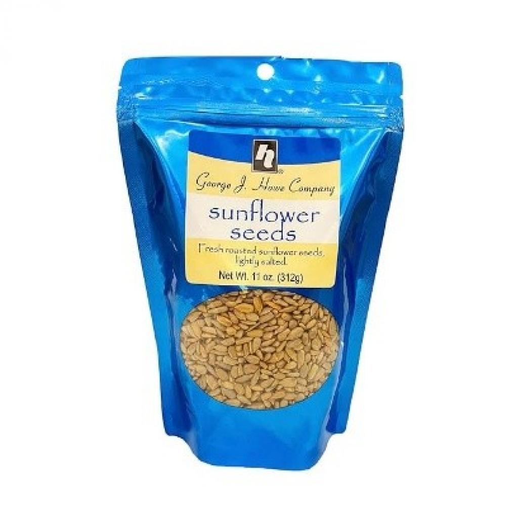 Blue bag of George J. Howe Company lightly salted sunflower seeds included in FDA recall for undeclared cashews.