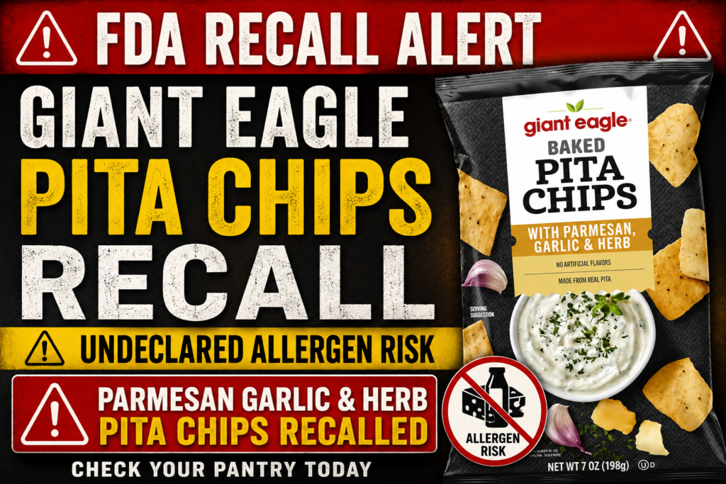 Giant Eagle Baked Pita Chips Recall warning image showing recalled Parmesan Garlic and Herb flavored pita chips linked to undeclared allergen risk