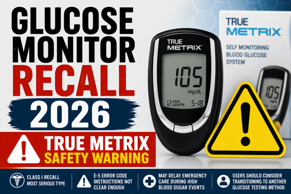 Glucose Monitor Recall 2026 warning graphic showing TRUE METRIX blood glucose meter with medical caution symbol