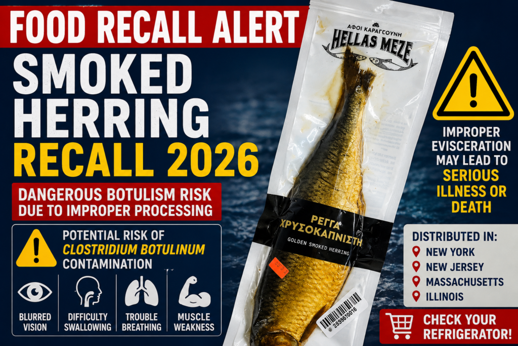 Smoked Herring Recall 2026 warning showing Hellas Meze fish product recalled due to botulism contamination risk