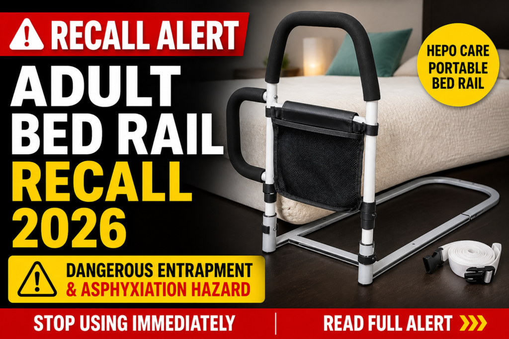 Adult Bed Rail Recall 2026 warning graphic showing recalled Hepo Care portable bed rail due to dangerous entrapment hazard