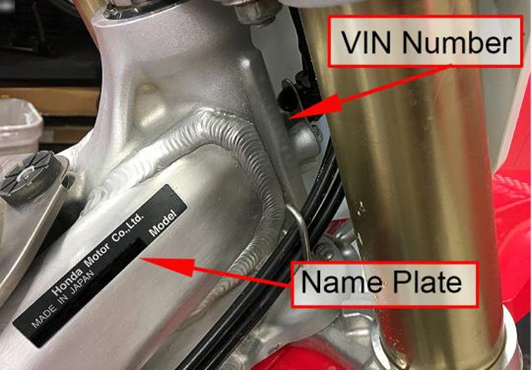 Honda Motorcycle Recall VIN number and name plate location image helping riders identify affected Honda CRF motorcycles