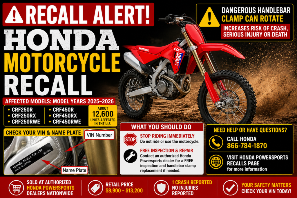 Honda Motorcycle Recall 2026 warning graphic showing recalled Honda CRF off-road motorcycles due to dangerous handlebar clamp crash hazard