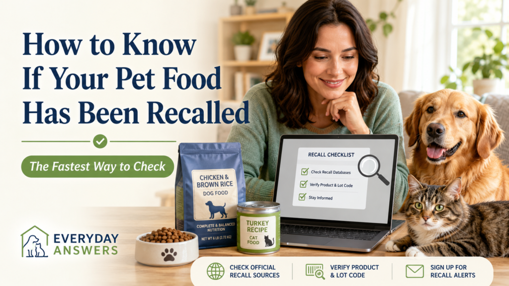 Pet food recall checklist showing a pet owner checking dog food and cat food lot numbers, UPC codes, and best-by dates before feeding recalled pet food