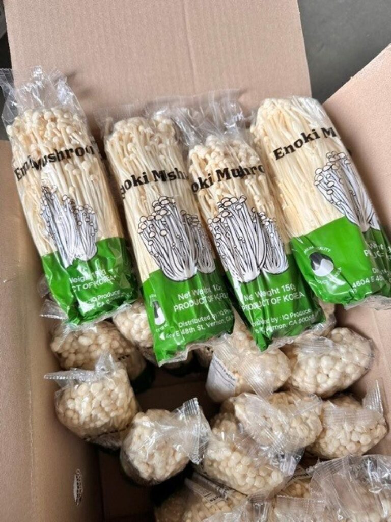 IQ Produce Enoki Mushrooms Recall showing 150g green-labeled enoki mushroom packages affected by the FDA Listeria recall