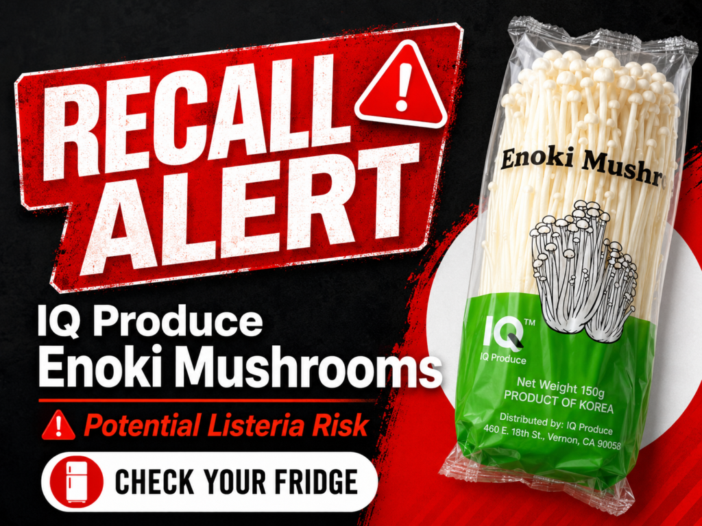 IQ Produce Enoki Mushrooms Recall alert graphic warning shoppers to check 150g packages for possible Listeria contamination