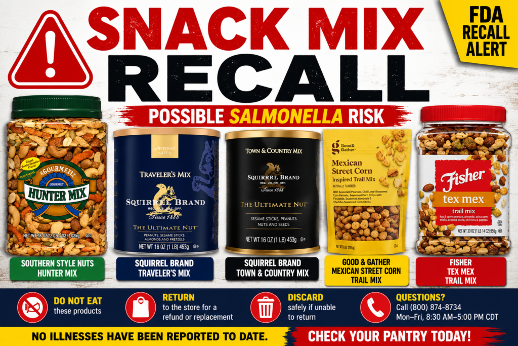 Snack Mix Recall main image showing recalled Southern Style Nuts, Squirrel Brand, Fisher, and Good & Gather products