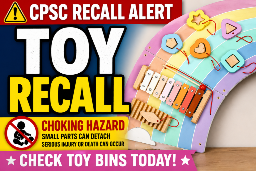 Rainbow Wall Toy Recall warning image showing recalled children’s rainbow activity wall toy with choking hazard alert