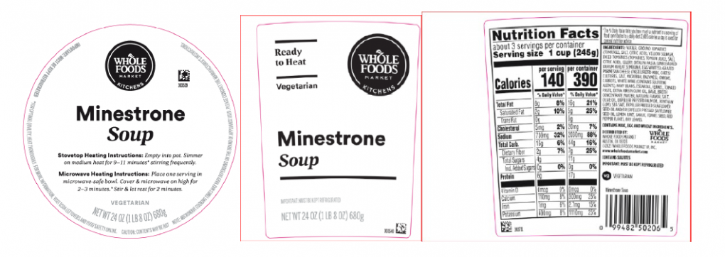 Whole Foods Market Kitchen Minestrone Soup Recall label showing 24-ounce vegetarian soup packaging