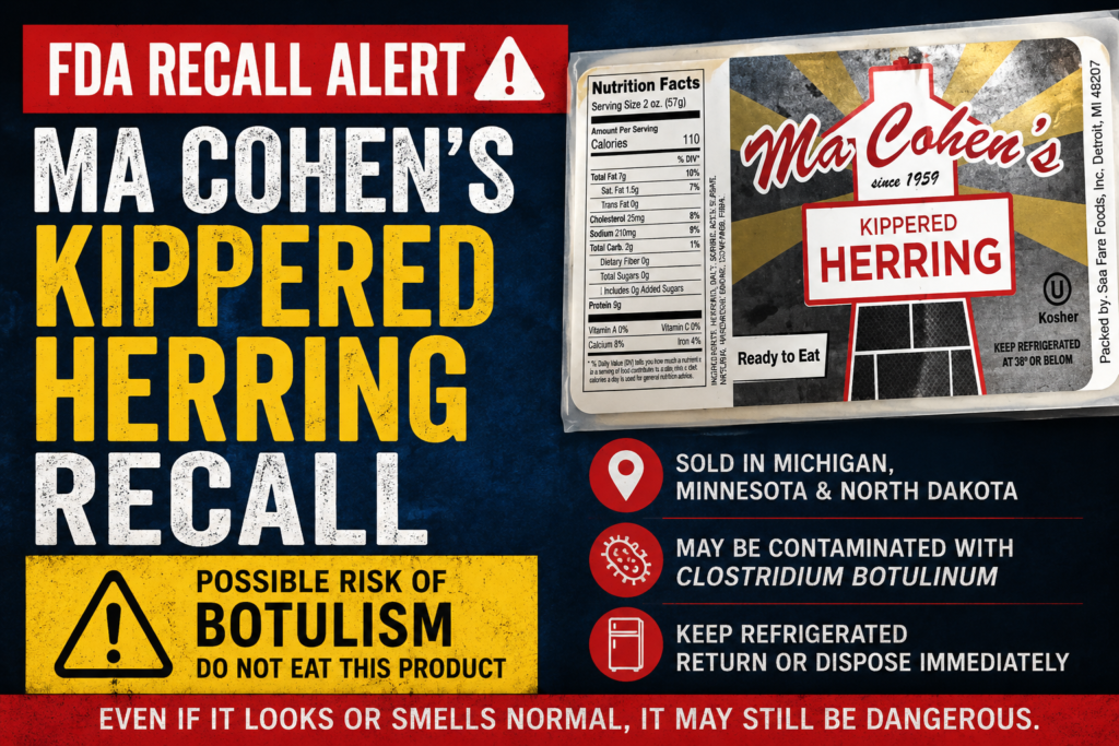 Ma Cohen’s Kippered Herring Recall warning image showing recalled smoked fish product linked to possible botulism contamination