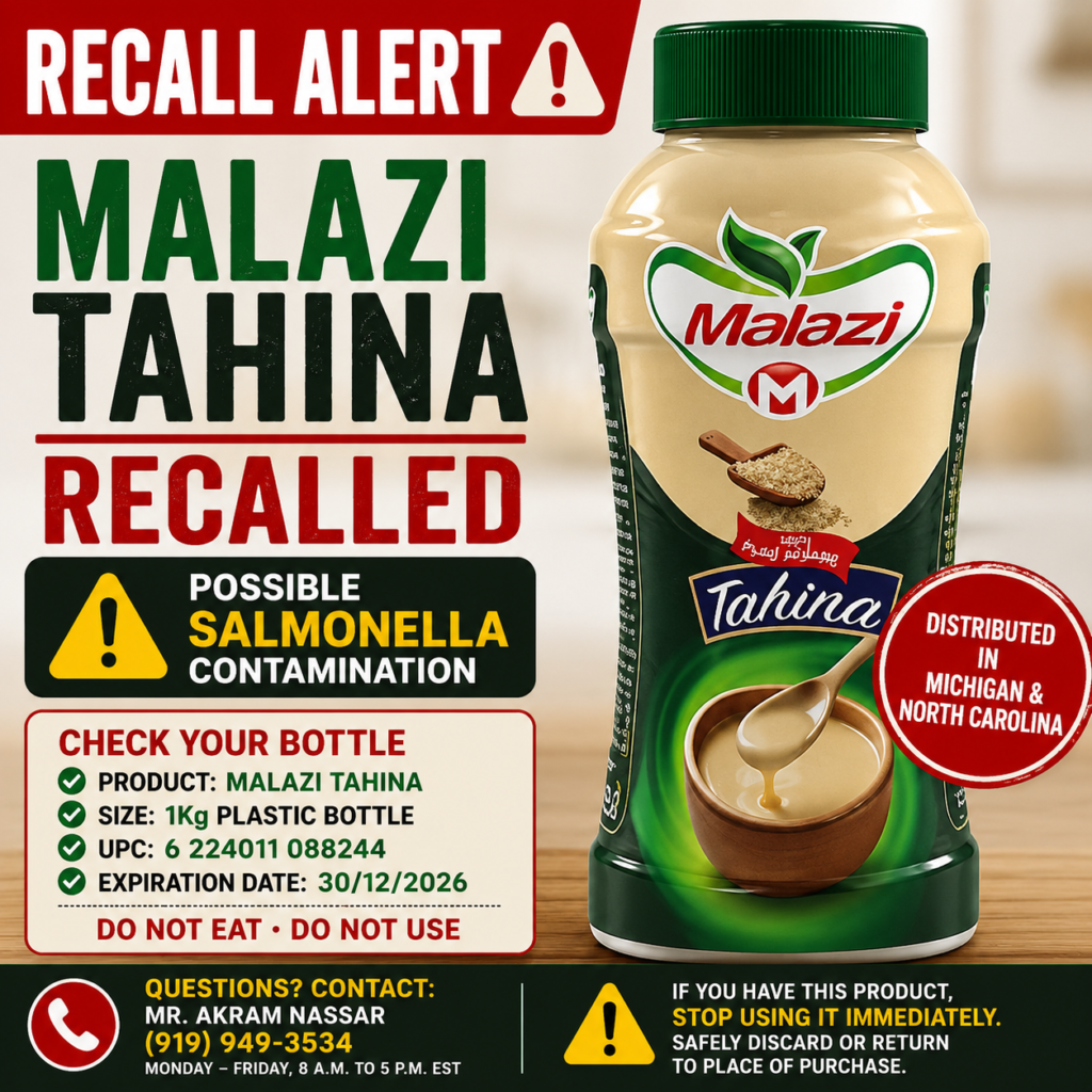 Malazi Tahina recall warning for possible Salmonella contamination in 1Kg bottles