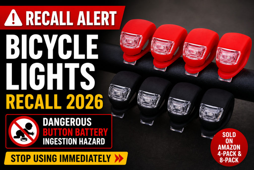 Bicycle Light Recall 2026 warning graphic showing recalled Malker bicycle light sets with dangerous button battery hazard