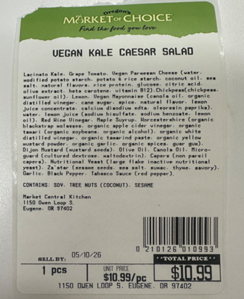 Product label for recalled Market of Choice Vegan Kale Caesar Salad involved in FDA allergy alert