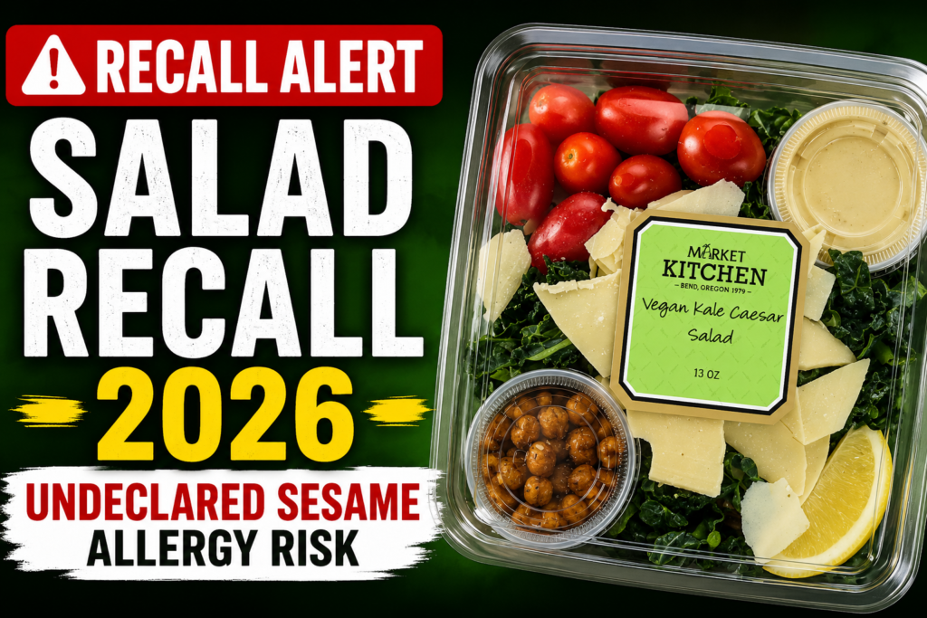 Salad Recall 2026 warning graphic showing recalled Market of Choice Vegan Kale Caesar Salad due to undeclared sesame allergen