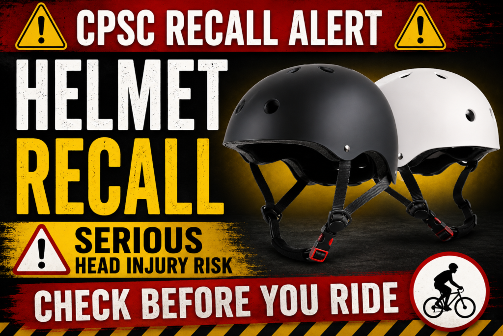 Multi-Purpose Helmet Recall warning image showing recalled black and white protective helmets sold on Temu