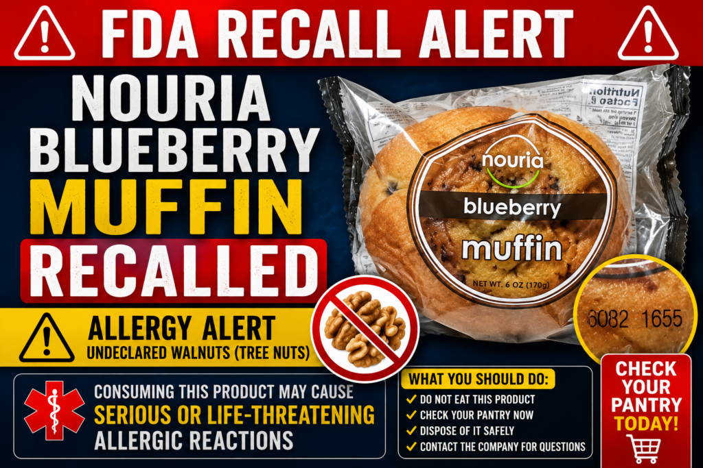 FDA recall alert graphic for Nouria blueberry muffins recalled due to undeclared walnuts and serious tree nut allergy risk.