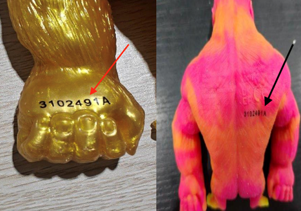 Orb Funkee Squeeze Toys recall showing date code 3102491A location on recalled monkey toys