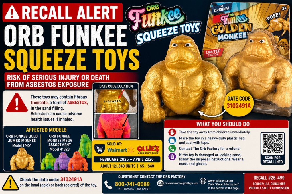 Orb Funkee Squeeze Toys recall orange Monkee Mega toy sold at Walmart and Ollie’s Bargain Outlet