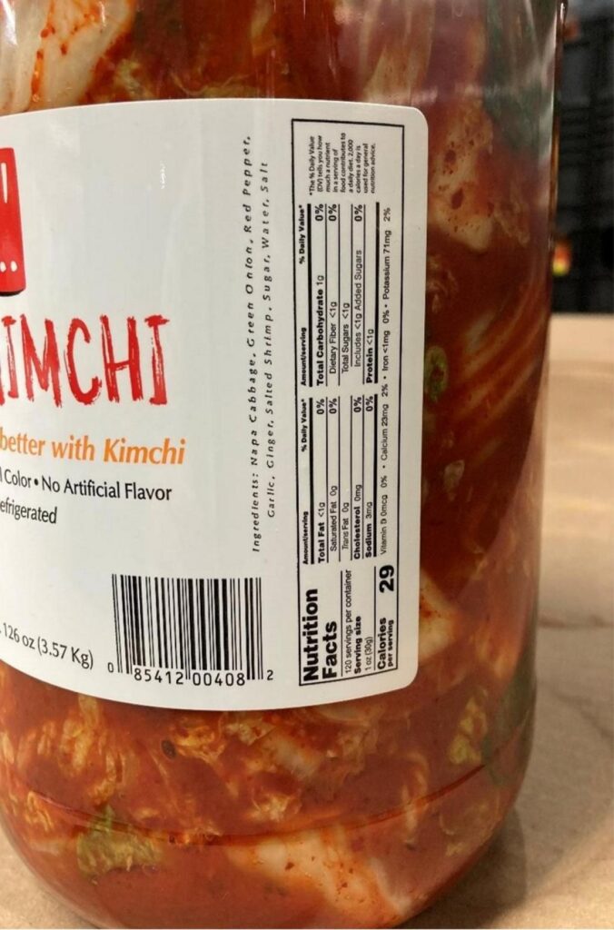 Product label on recalled …And Kimchi sliced kimchi showing packaging details involved in FDA allergy alert