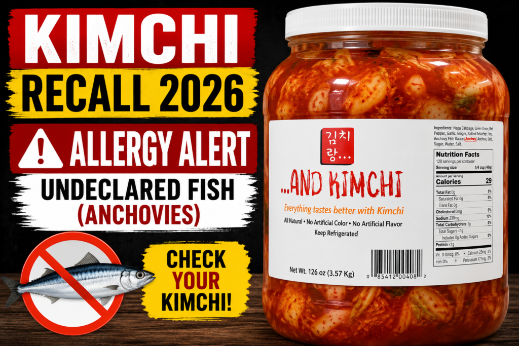 Kimchi Recall 2026 warning graphic showing recalled …And Kimchi jar with fish allergy alert icon