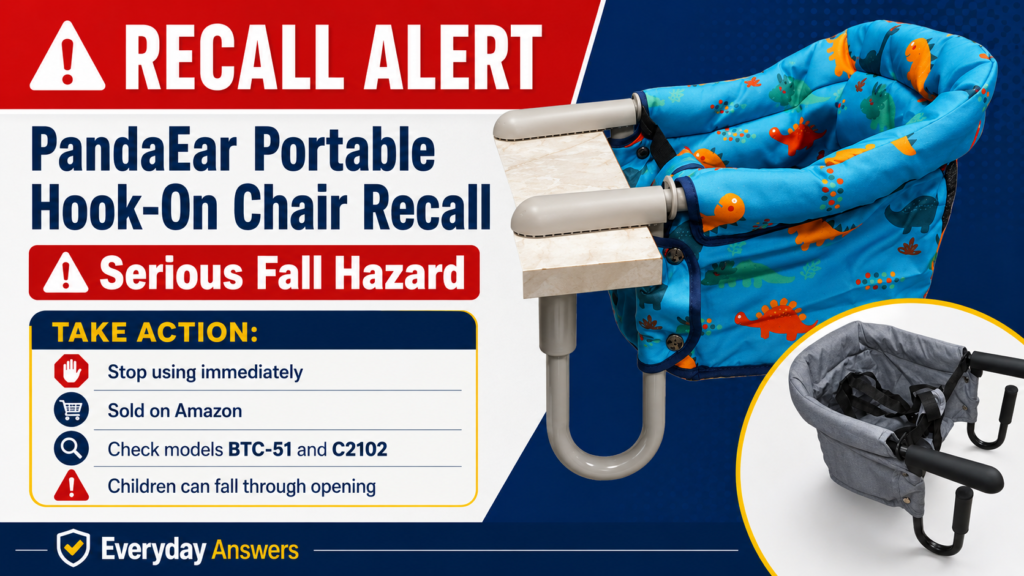 PandaEar portable hook-on chair recall warning for serious fall hazard involving recalled baby table chairs