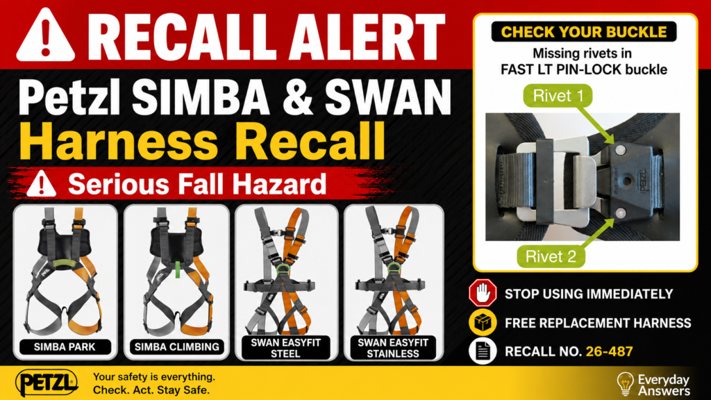 Petzl SIMBA and SWAN harness recall warning graphic showing recalled harnesses and serious fall hazard alert
