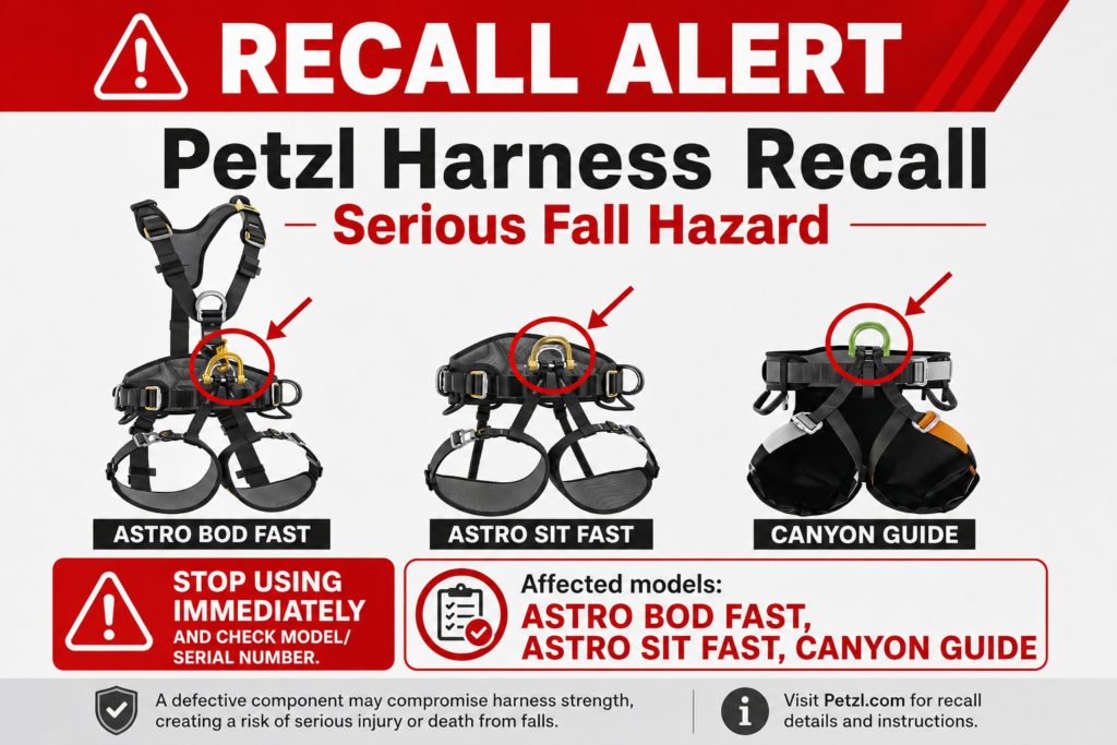 Petzl harness recall warning for ASTRO BOD FAST, ASTRO SIT FAST, and CANYON GUIDE harnesses due to serious fall hazard