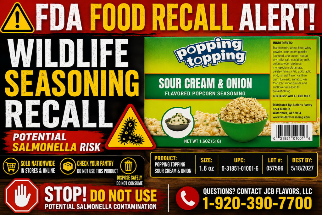Wildlife Seasoning Recall warning graphic showing recalled Popping Topping Sour Cream and Onion popcorn seasoning due to possible Salmonella contamination