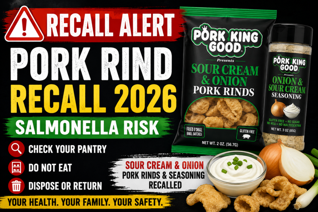 Pork Rind Recall 2026 warning graphic about recalled Pork King Good Sour Cream and Onion products over Salmonella risk