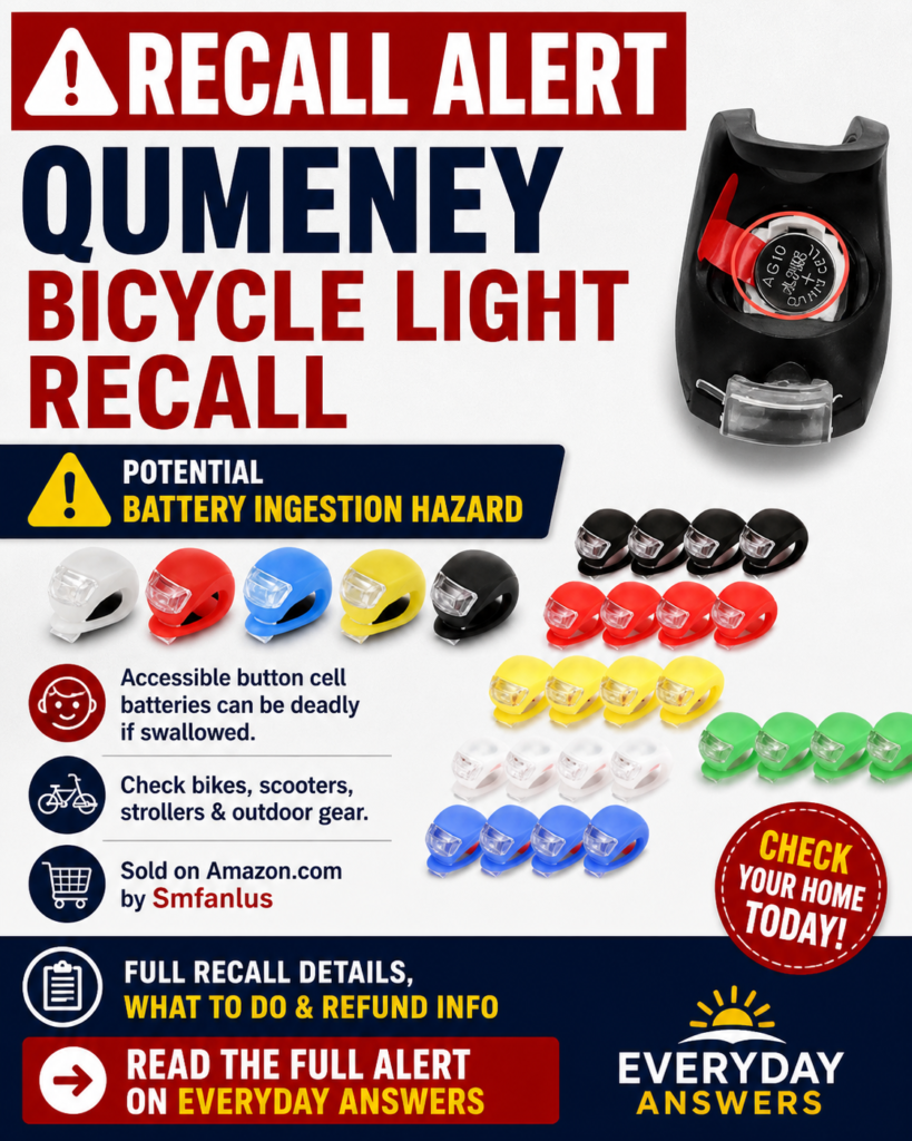Qumeney Bicycle Light Recall 2026 warning graphic showing recalled LED bicycle light sets with accessible button cell battery ingestion hazard