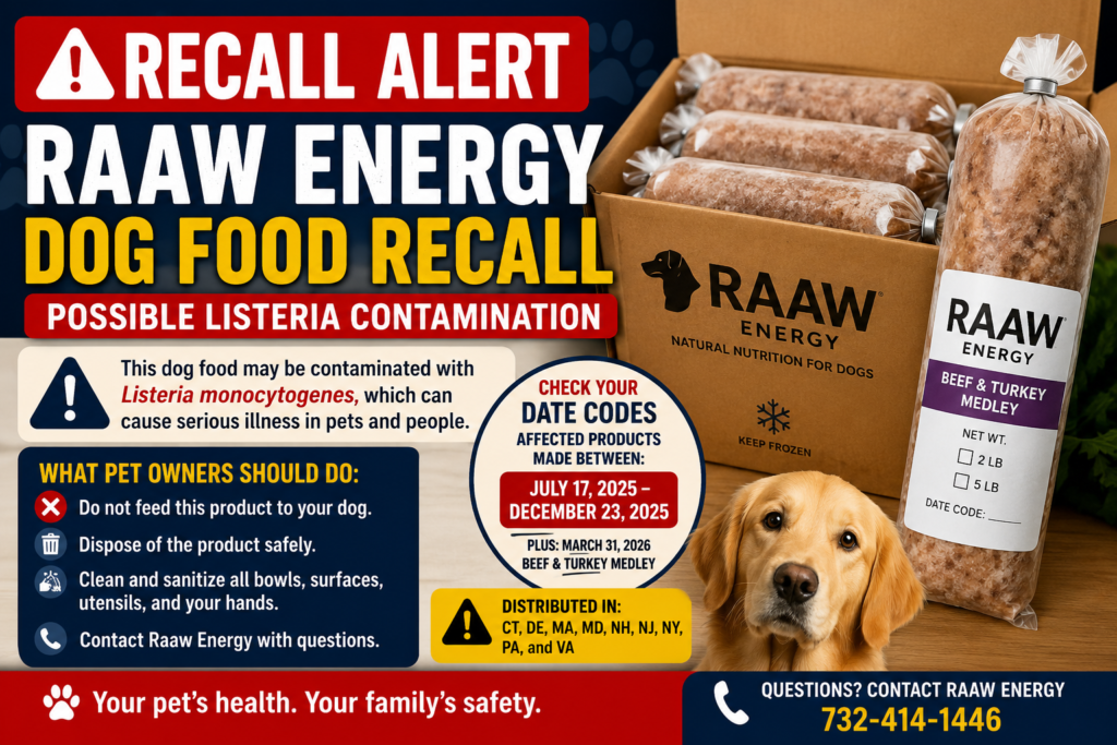 Raaw Energy dog food recall alert for Listeria monocytogenes health risk and pet food safety warning