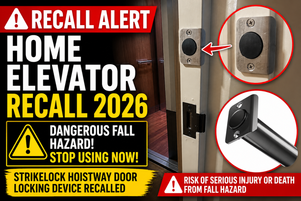 Home Elevator Recall 2026 warning graphic showing recalled StrikeLock hoistway door locking device due to dangerous fall hazard